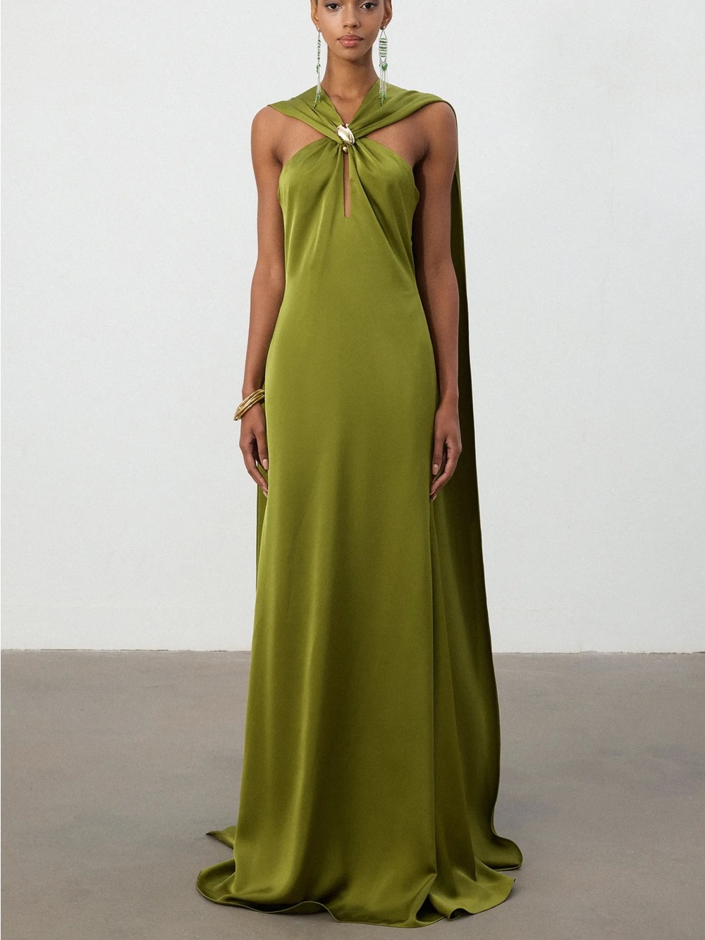 Olive Green Maxi Evening Gown with Draped Cape